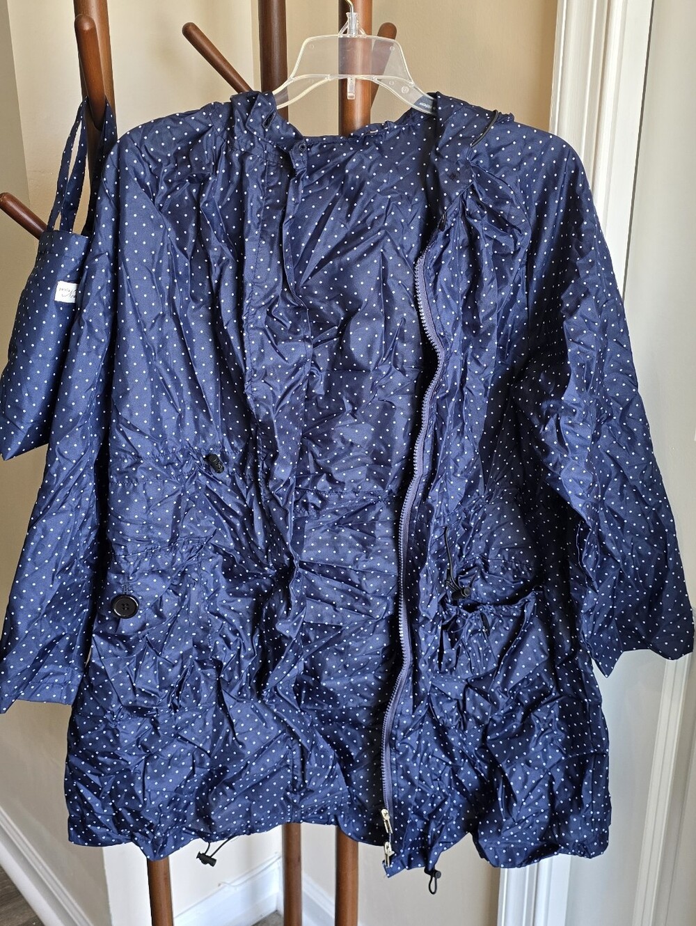 Jones New York Navy Blue Polka Dot Packable Hooded Rain Jacket - Size Medium